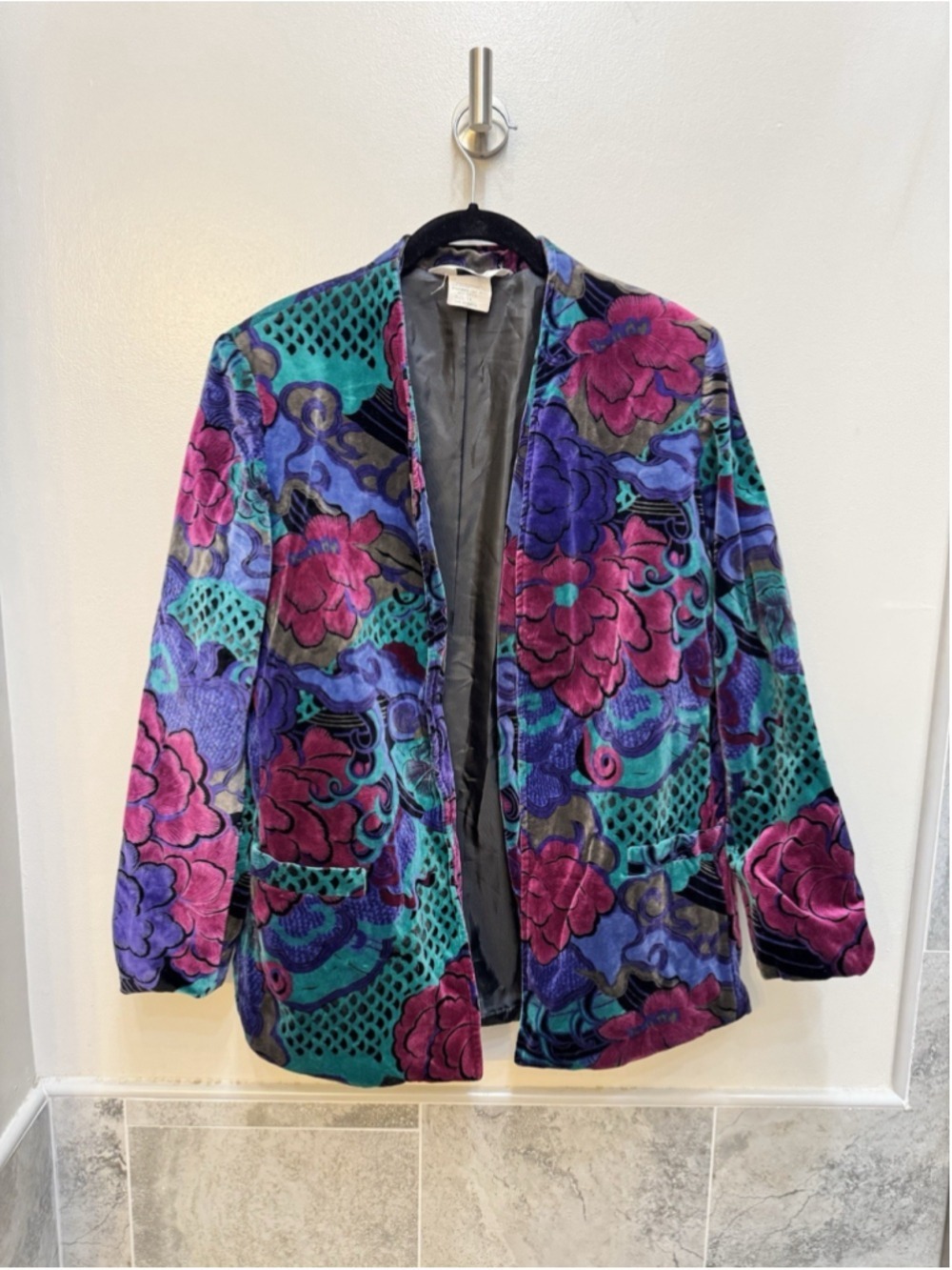 TanJay USA Floral Velvet Burnout Blazer Jacket Women's 14 Purple 90s